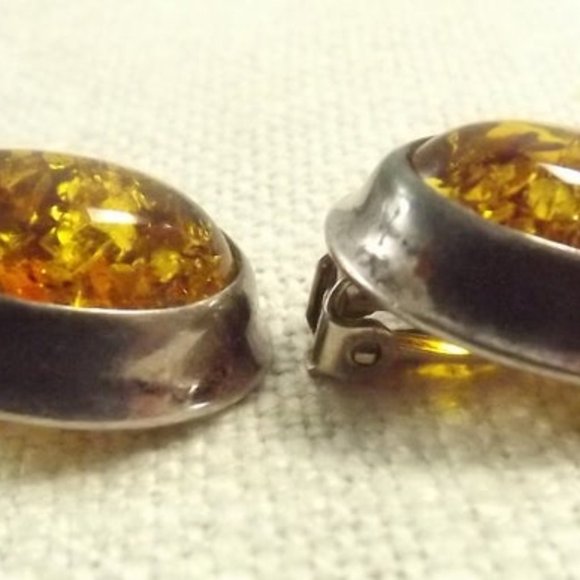Vintage Amber and 925 Silver Clip On Earrings - Picture 4 of 5
